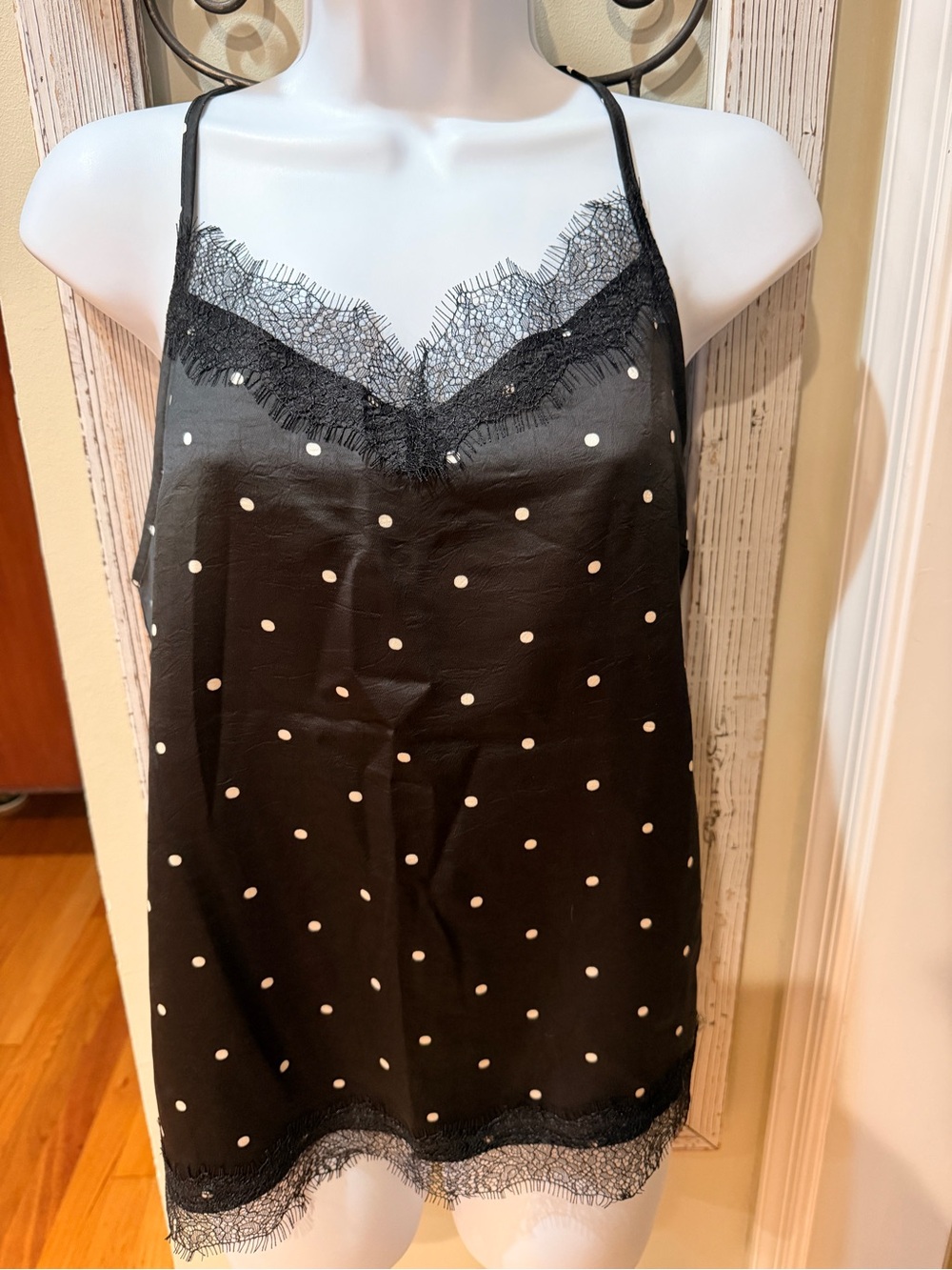 Black Polka Dot Eyelash Lace Trim top NWT
